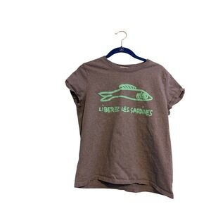 Clare V Liberez Les Sardines Graphic T-Shirt Gray Green Fish Tee Mens Medium